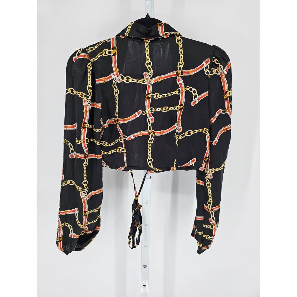Timing Womens Sz S long-sleeve blouse black and gold chain print and a tie-front - Picture 4 of 4